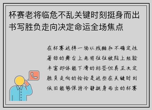 杯赛老将临危不乱关键时刻挺身而出书写胜负走向决定命运全场焦点