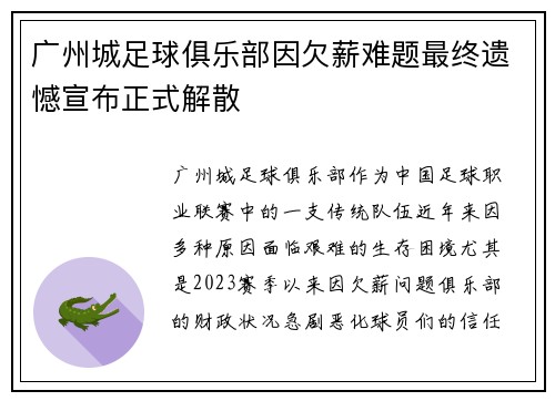广州城足球俱乐部因欠薪难题最终遗憾宣布正式解散